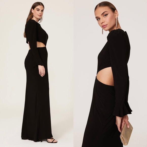 MAC DUGGAL Puffed Shoulder Long Bell Sleeve Side Cutout Open Back Maxi Gown 10 - Picture 4 of 10